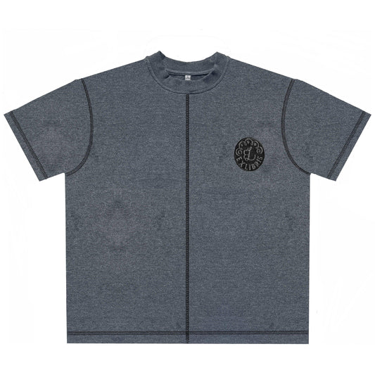Gray short-sleeve t-shirt with black vertical seam and round logo patch on chest