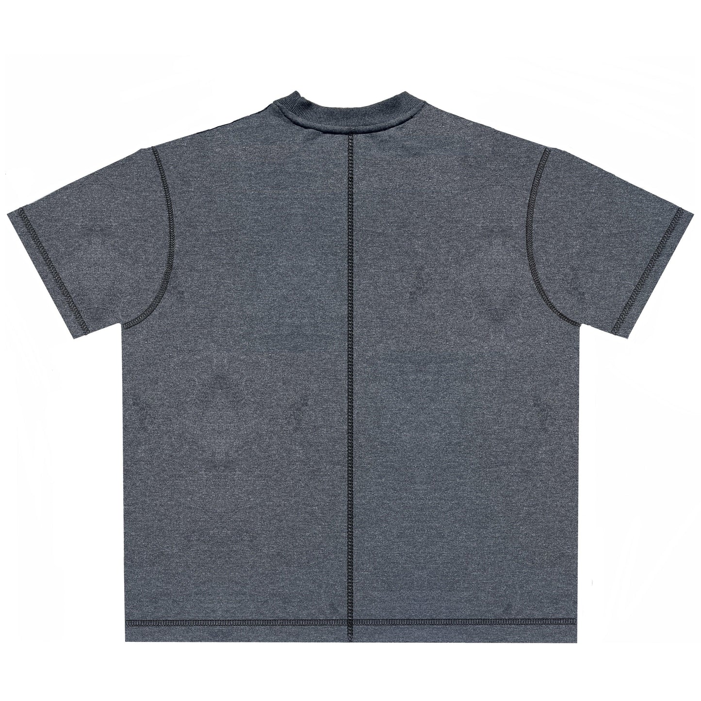 Back view of a plain dark gray short-sleeve t-shirt with prominent black stitch lines