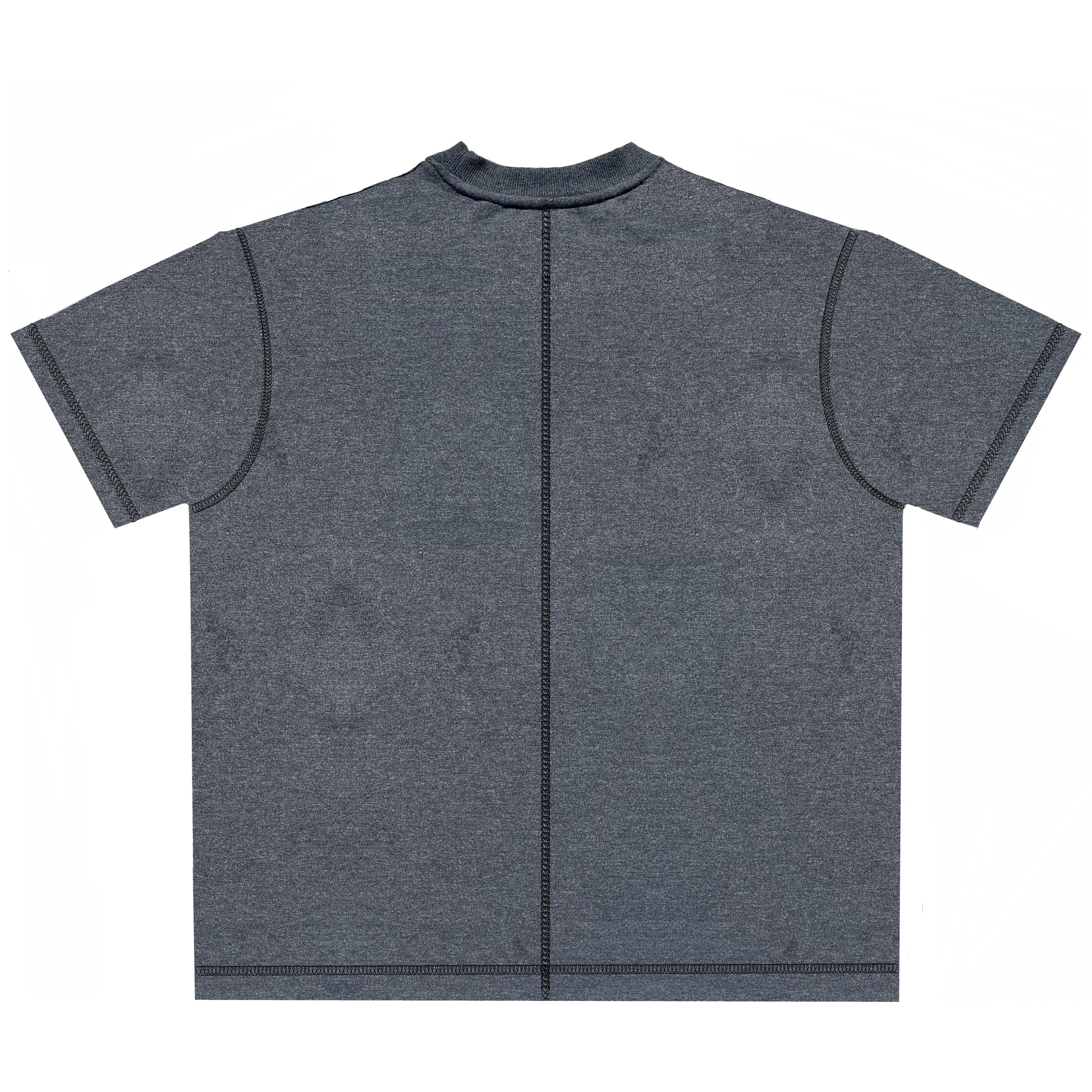 Back view of a plain dark gray short-sleeve t-shirt with prominent black stitch lines