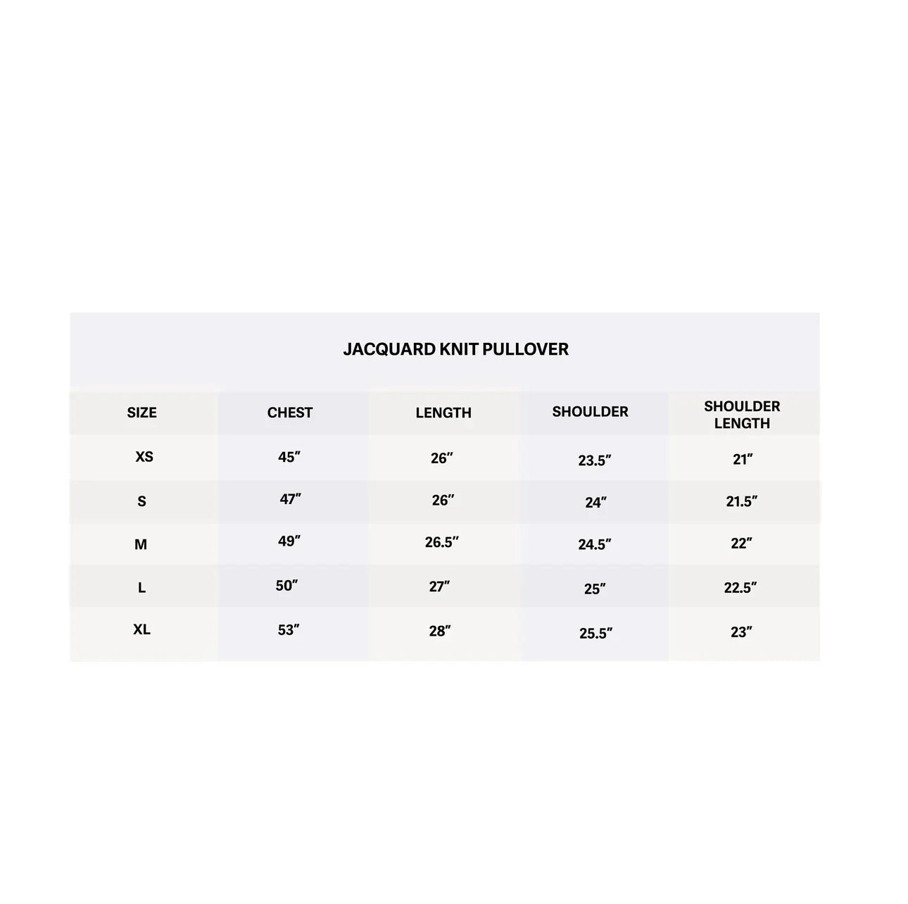 Size chart for Jacquard knit pullover with chest, length, shoulder, and shoulder length measurements