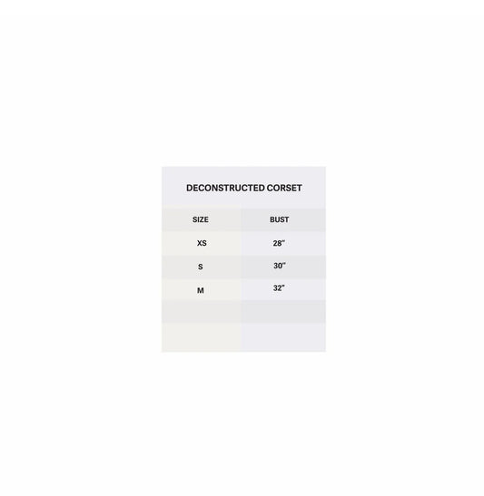 Deconstructed corset size chart showing bust measurements for XS, S, M sizes
