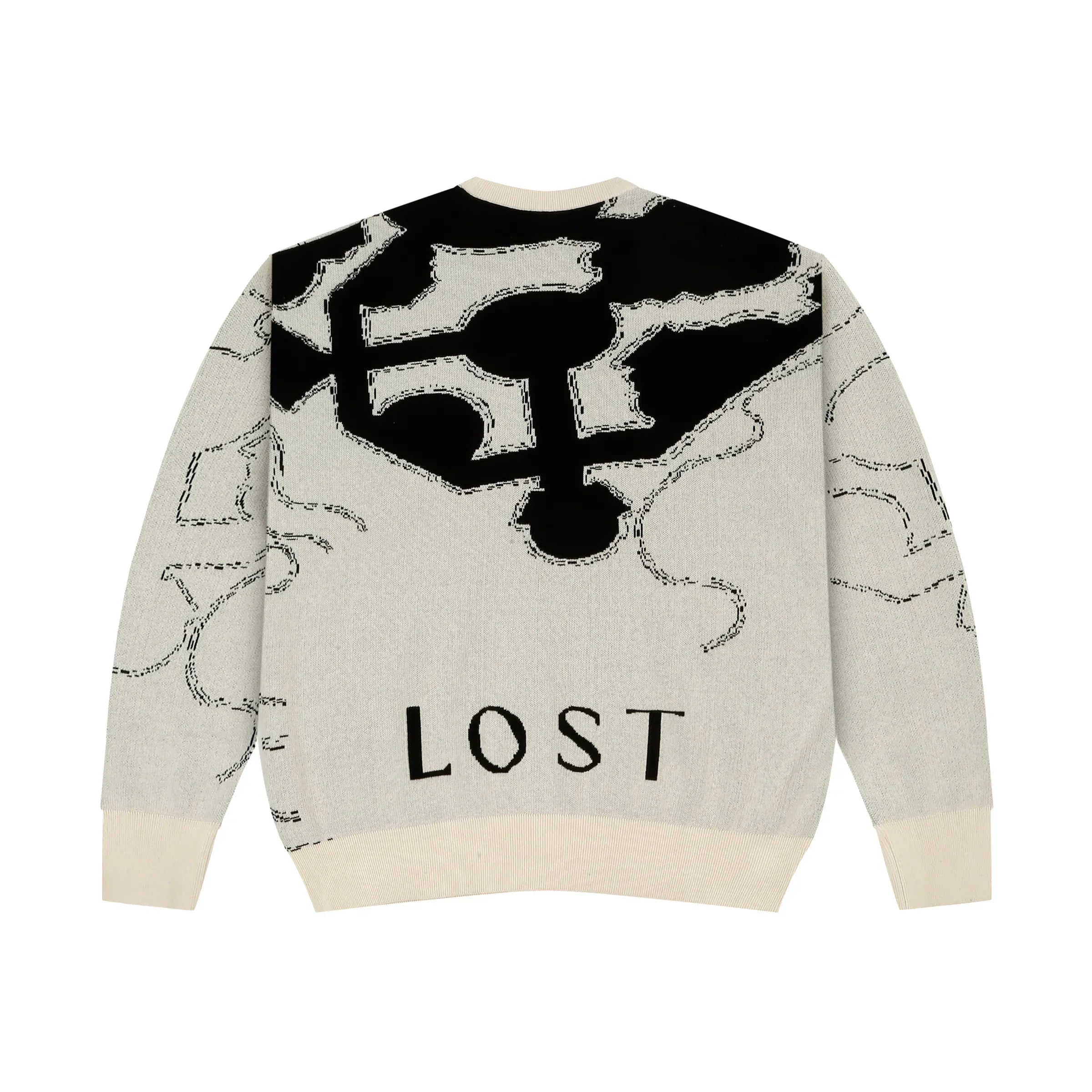 Beige and black sweater with abstract pattern and the word LOST on the back, ribbed cuffs and hem