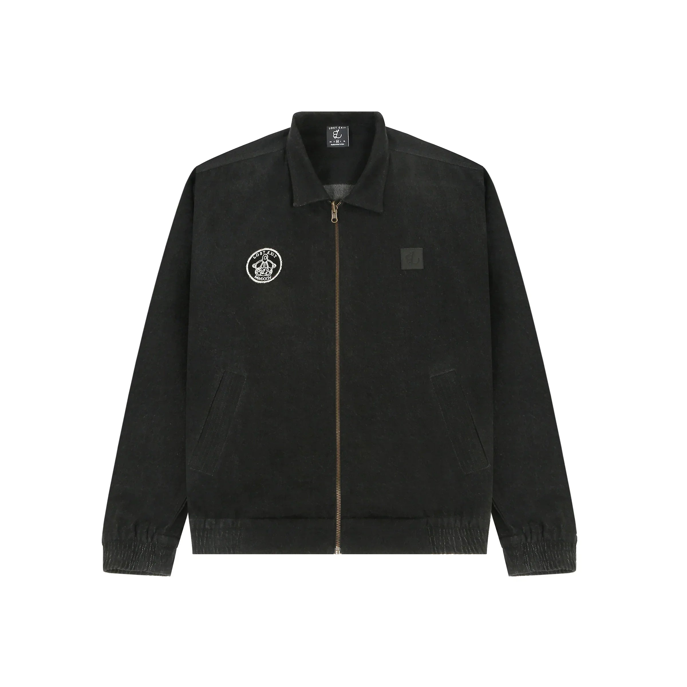 Black zip-up jacket with collar, embroidered circular patch on chest and elastic cuffs