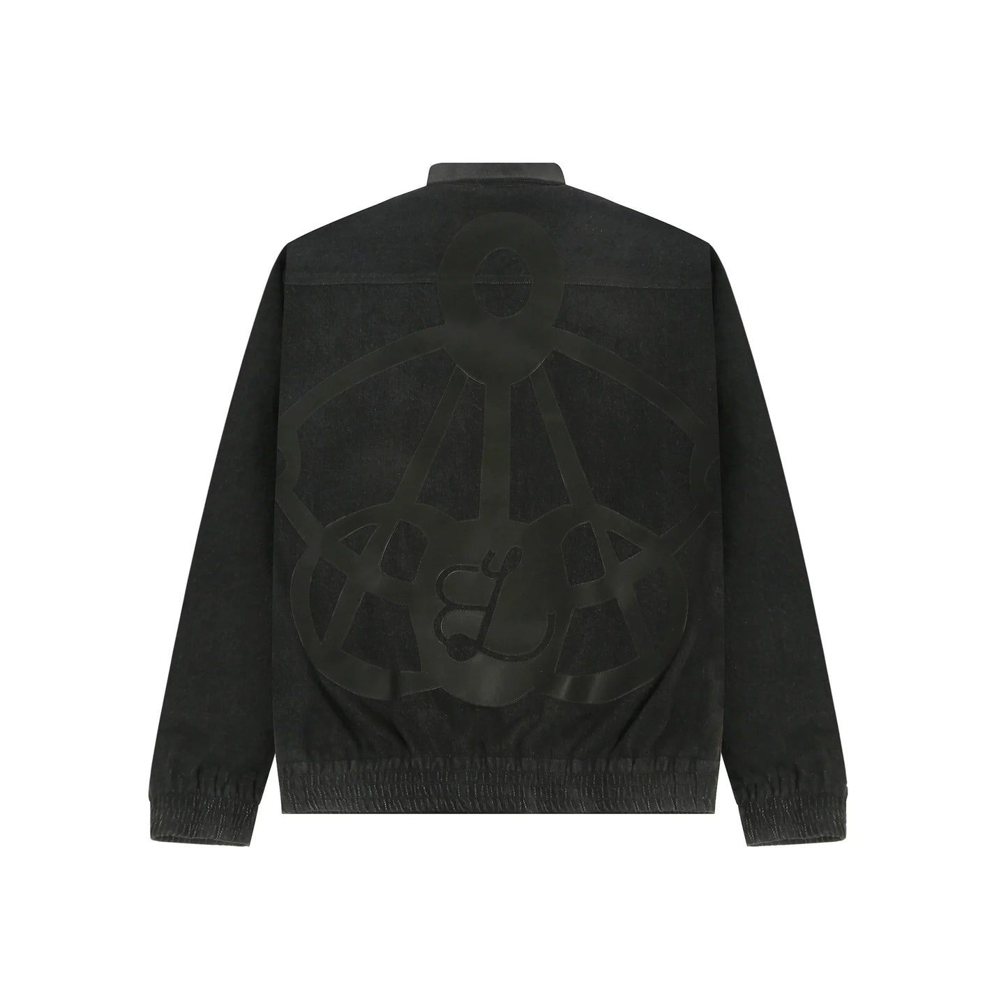 Black jacket with elastic cuffs and large embossed abstract design on back