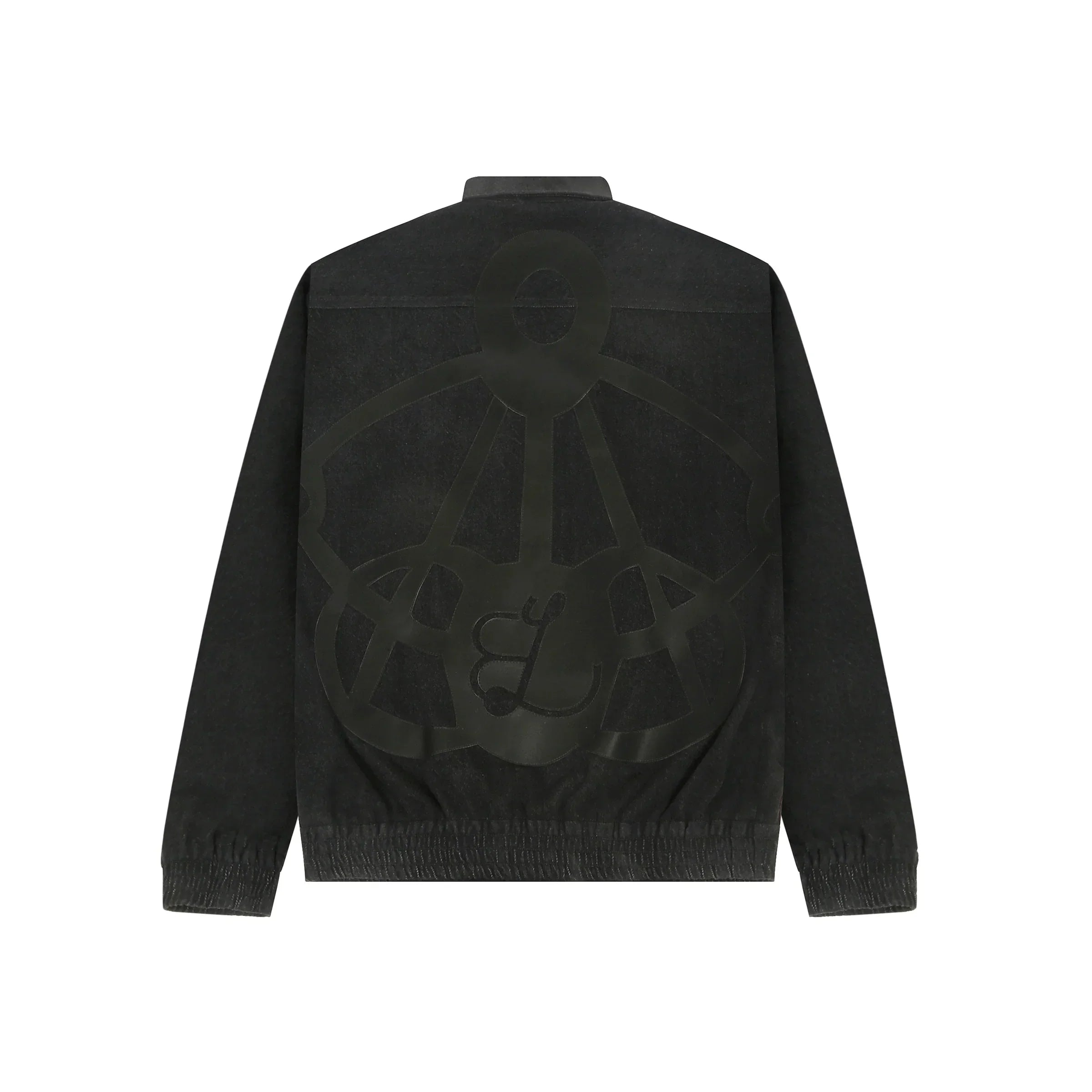 Black jacket with elastic cuffs and large embossed abstract design on back