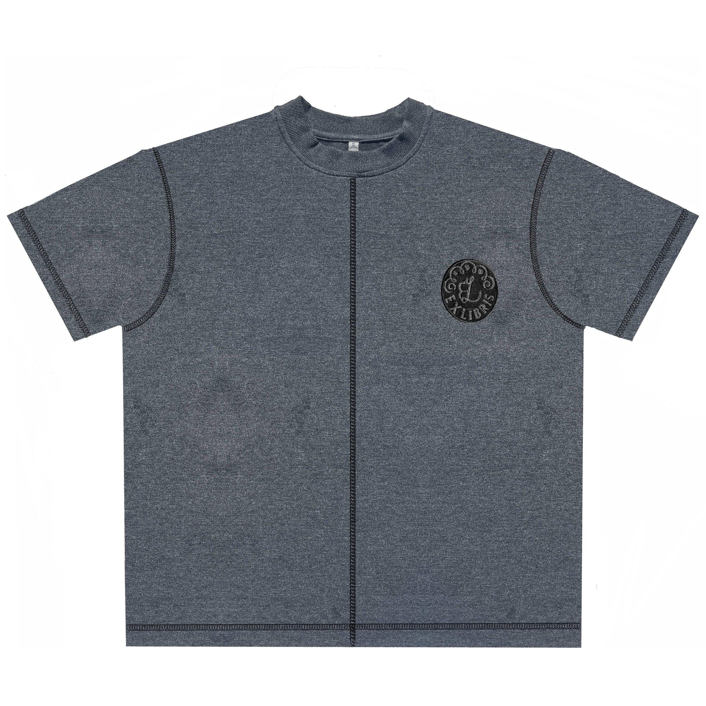 Gray short-sleeve t-shirt with black vertical seam and round logo patch on chest