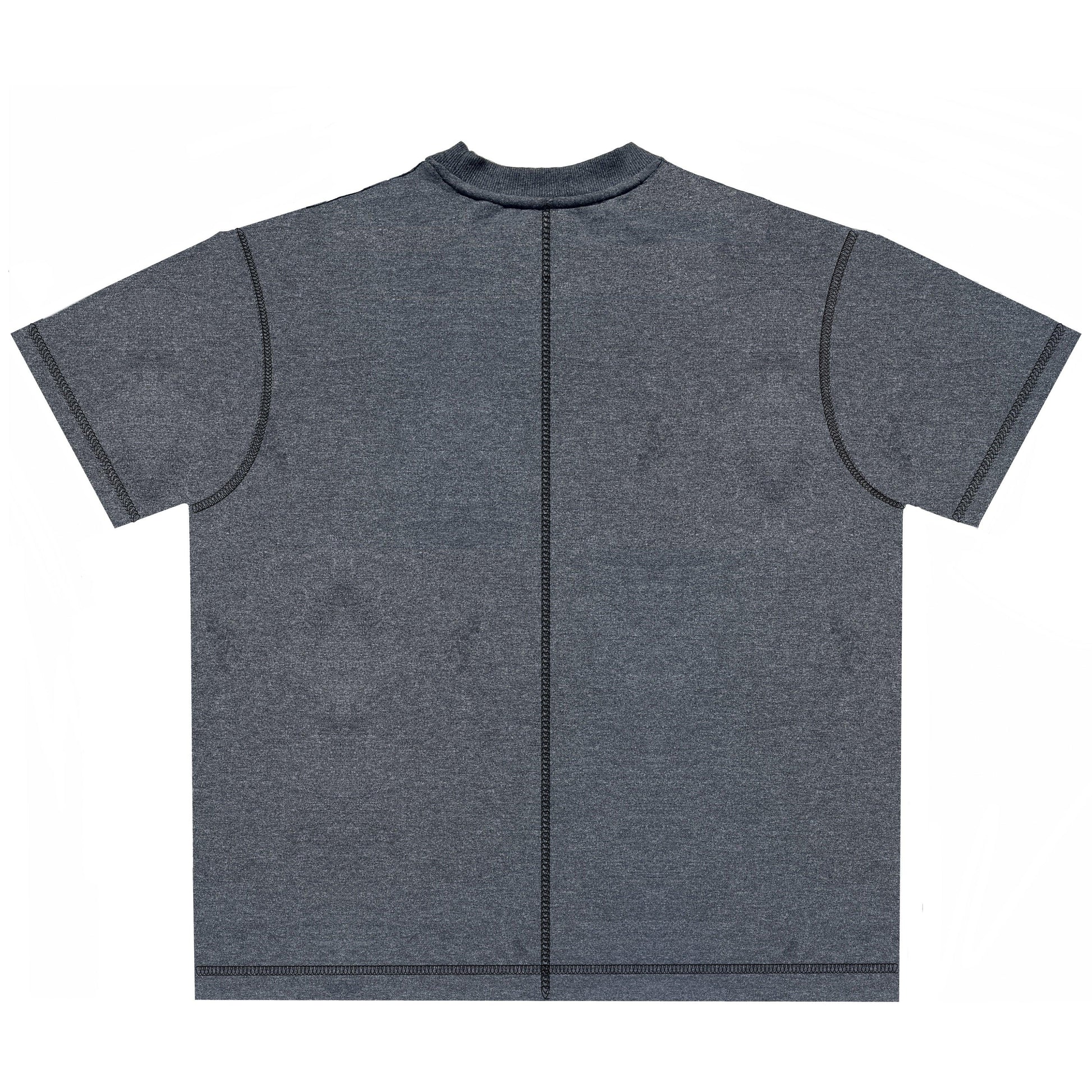 Back view of a plain dark gray short-sleeve t-shirt with prominent black stitch lines
