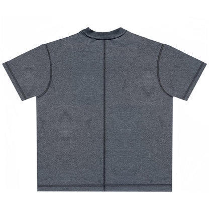 Back view of a plain dark gray short-sleeve t-shirt with prominent black stitch lines