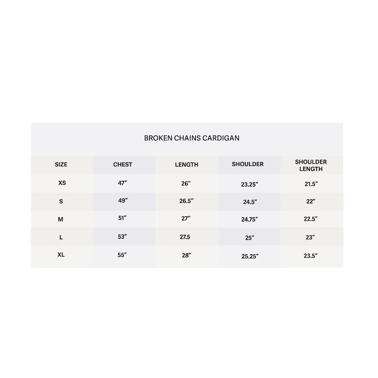 Size chart for Broken Chains Cardigan with chest, length, shoulder, shoulder length measurements for XS to XL