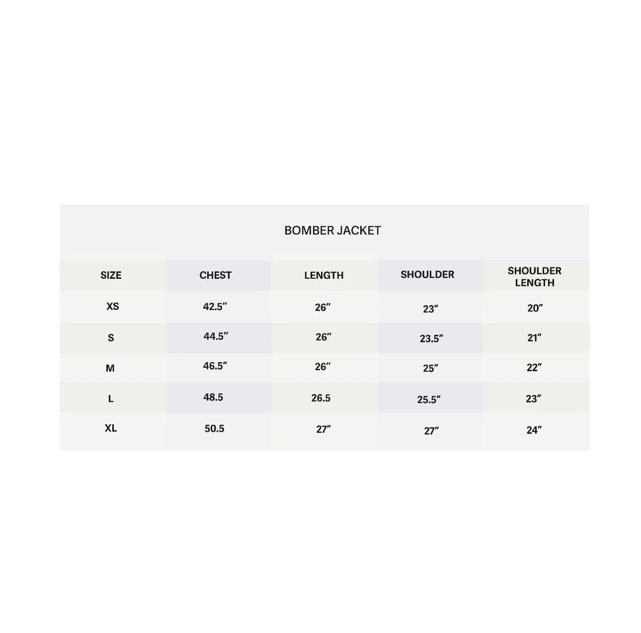 Bomber jacket size chart showing chest, length, shoulder, and shoulder length measurements for XS to XL