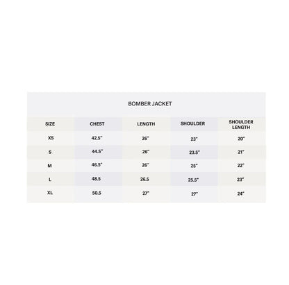 Bomber jacket size chart showing chest, length, shoulder, and shoulder length measurements for XS to XL