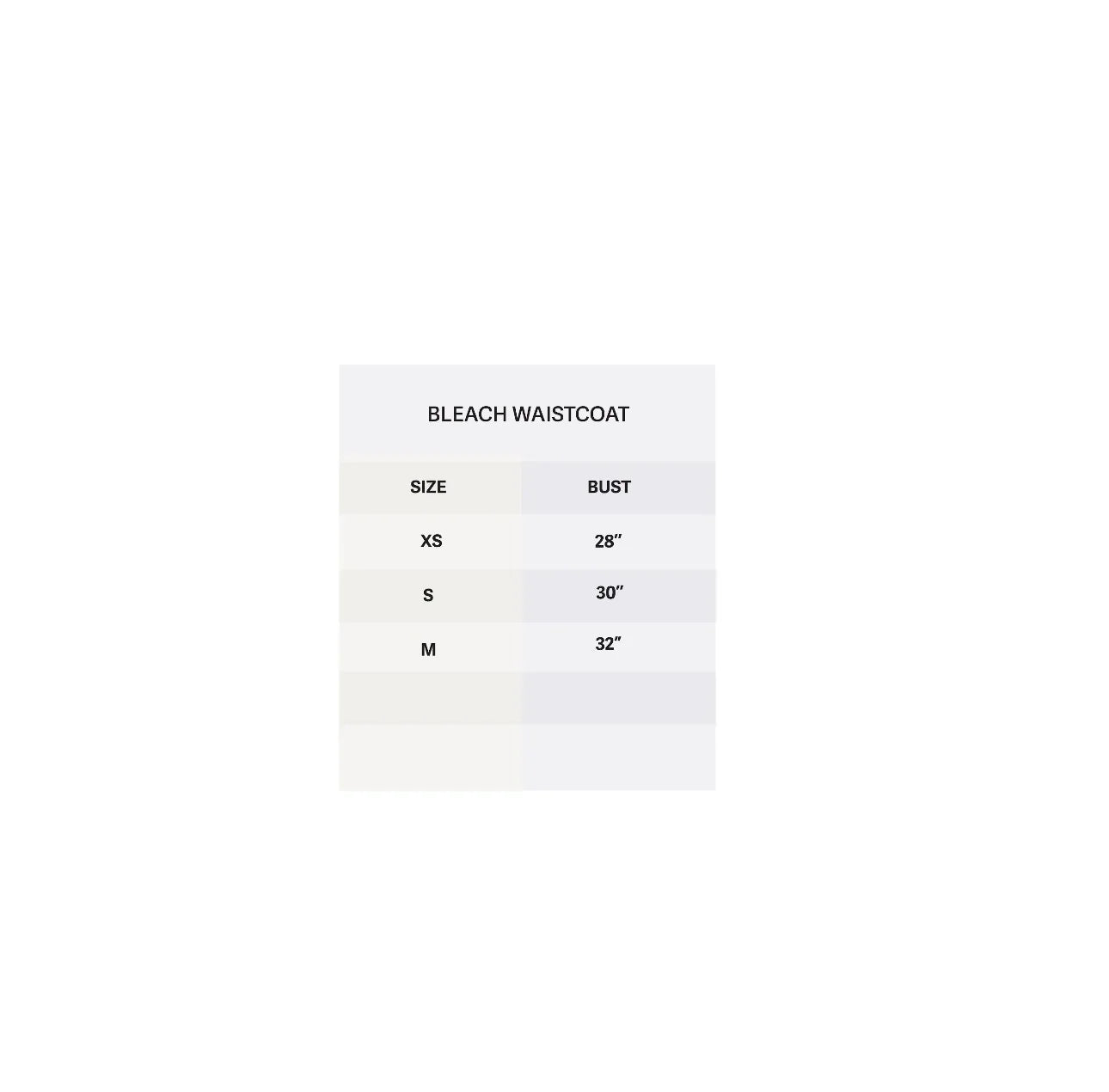 Size chart for Bleach Waistcoat with bust measurements XS 28", S 30", M 32"