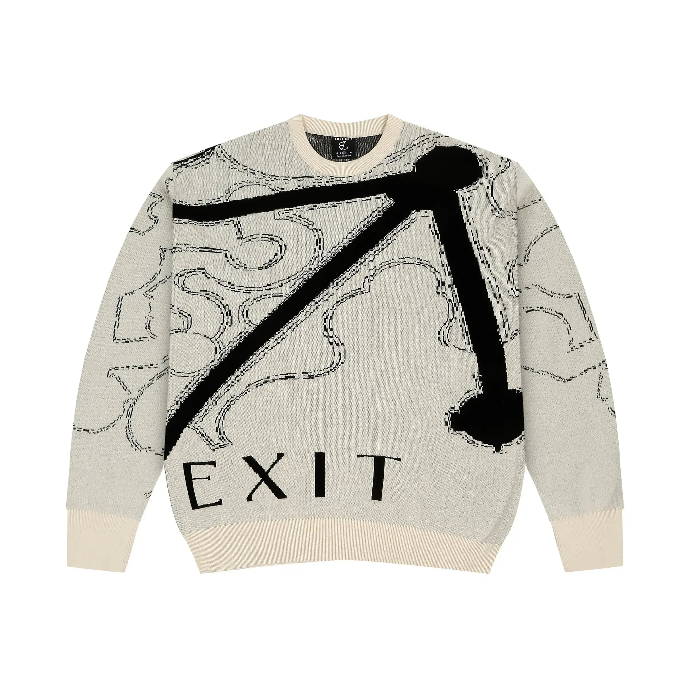 Beige and black knit sweater with abstract black arrow design and EXIT text