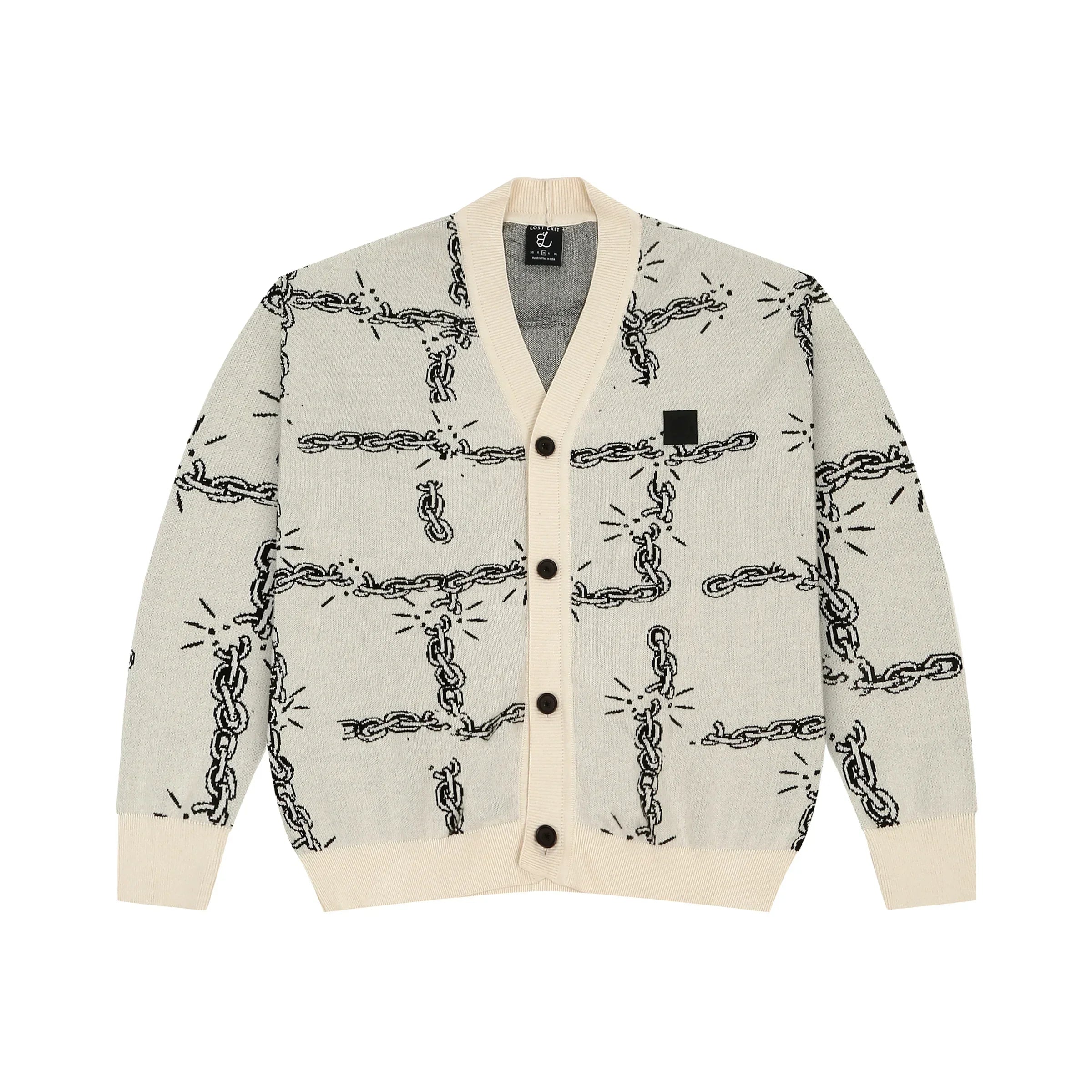 Light gray cardigan with black chain link pattern and cream ribbed collar, cuffs, and hem