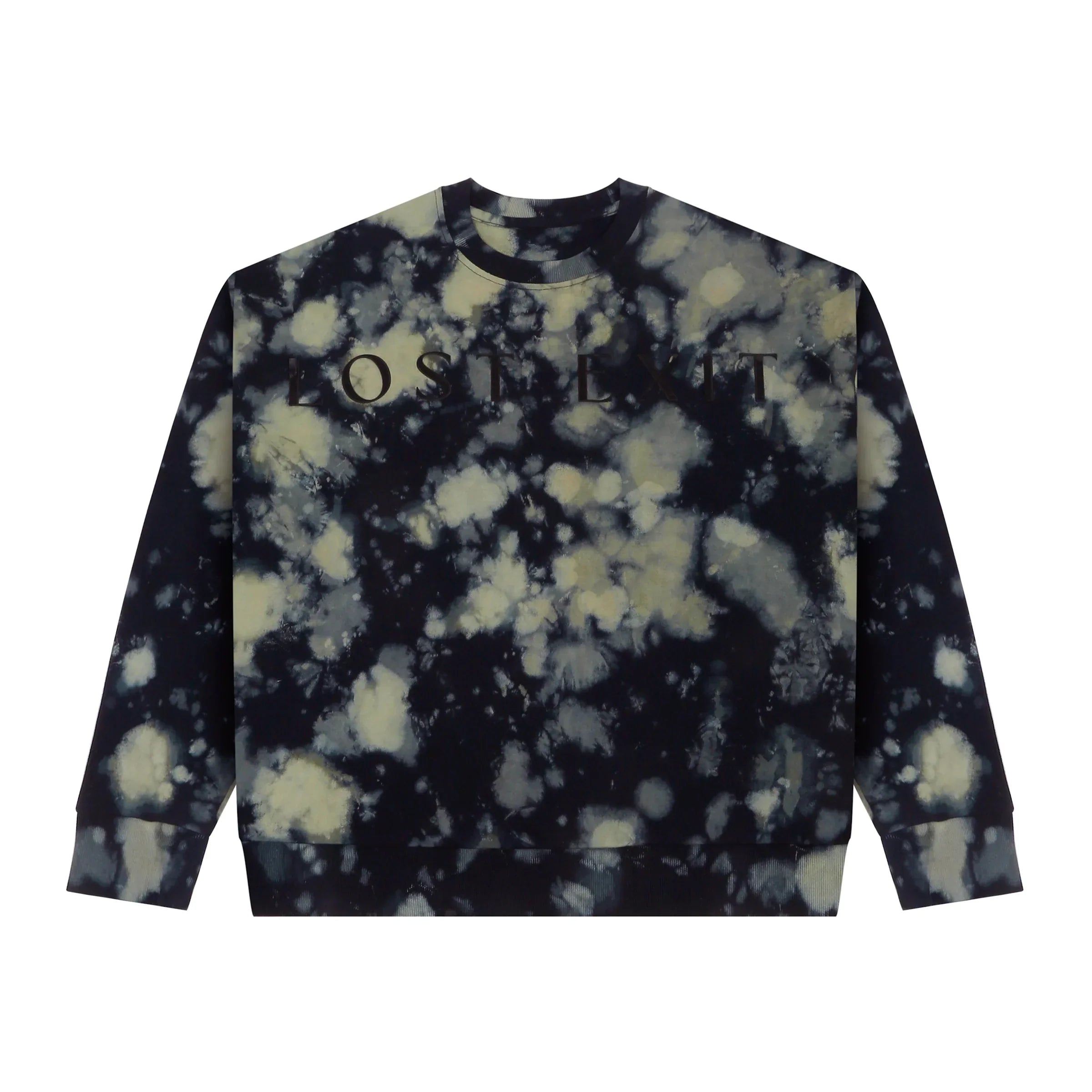 Black and bleach tie-dye crewneck sweatshirt with LOST LMT text on front