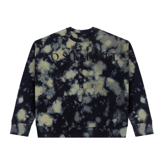 Black and bleach tie-dye crewneck sweatshirt with LOST LMT text on front
