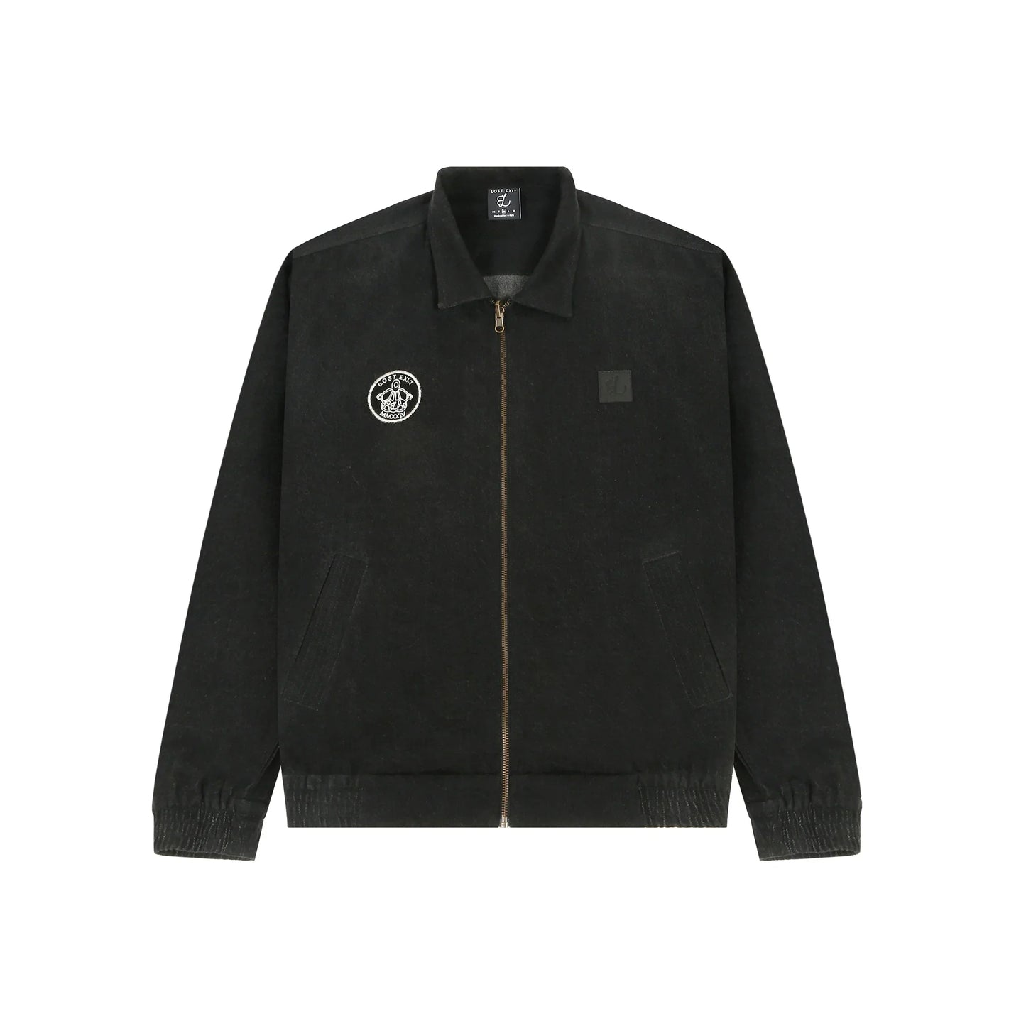 Black zip-up jacket with collar, embroidered circular patch on chest and elastic cuffs