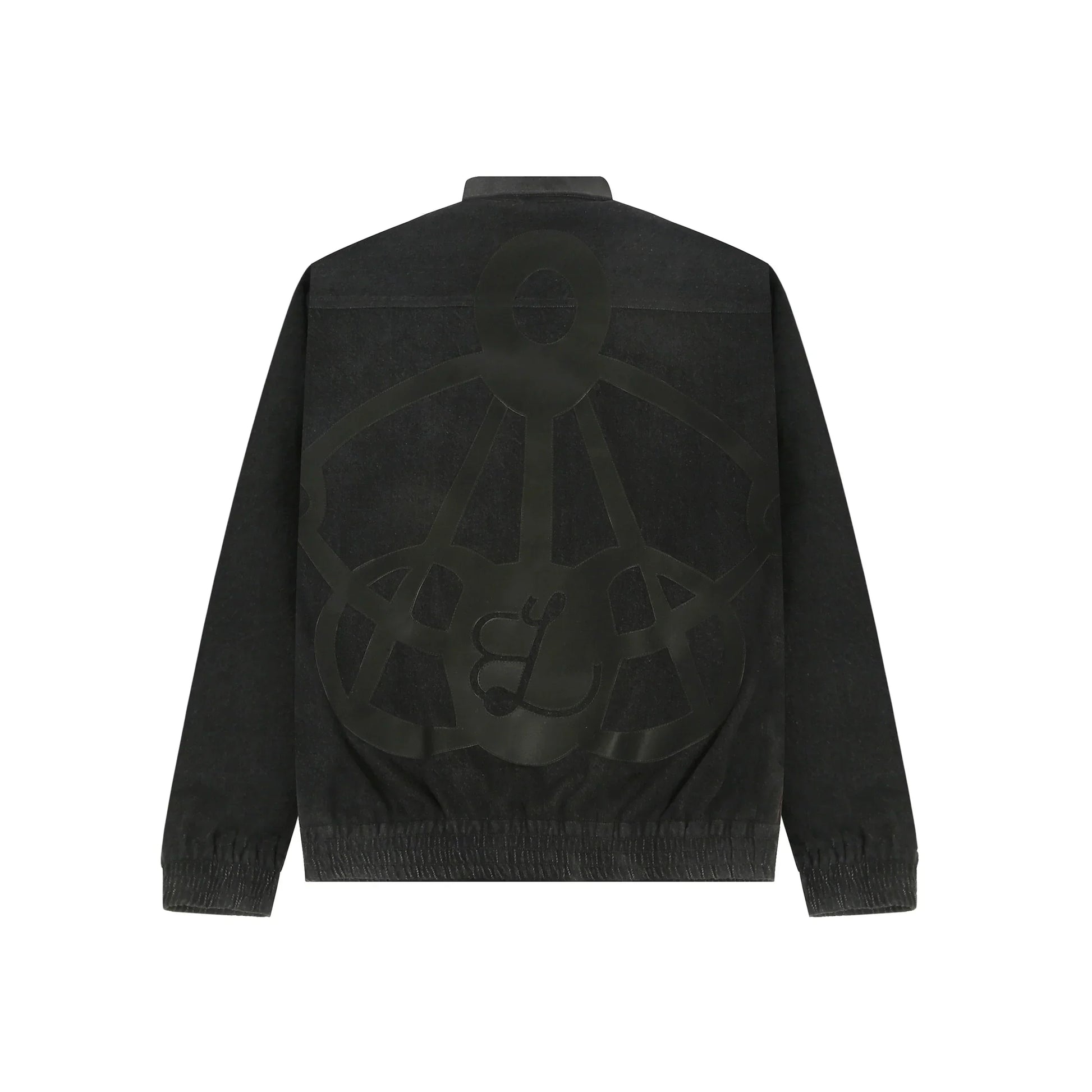 Black jacket with elastic cuffs and large embossed abstract design on back