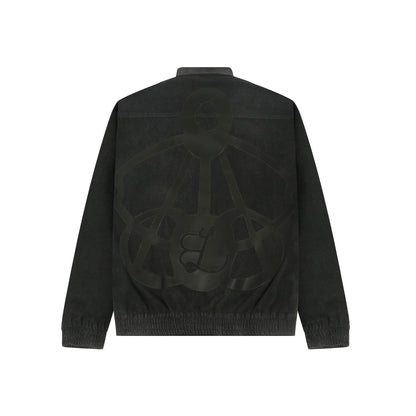 Black jacket with elastic cuffs and large embossed abstract design on back